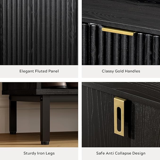 Fluted Shoe Cabinet with Doors, Large Wooden Shoe Storage Cabinet with Hanging Rod, Modern Tall Freestanding Shoe Rack Organizer for Entryway, Hallway Black