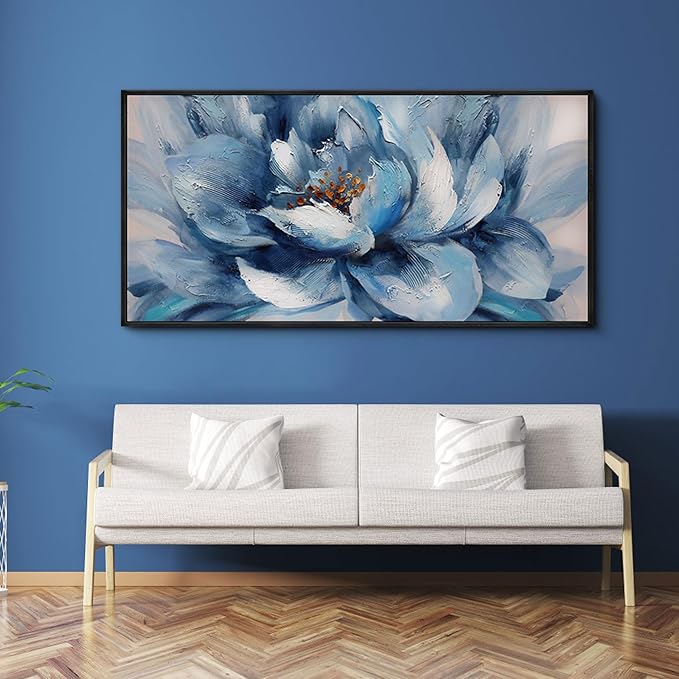 XLSJERST Large Flower Canvas Wall Art for Living Room - Blue and White Flower Picture Print Painting Wall Decor Framed Artwork Ready to Hang for Home Bedroom Wall Decoration Size 24x48