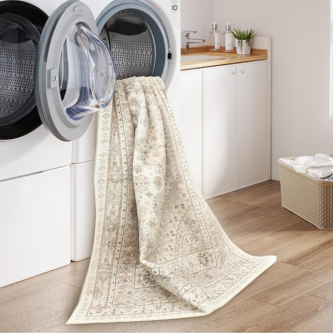 zesthome 8ft Round Rugs for Living Room, Non-Slip Washable Round Area Rugs, Ultra-Thin Large Circle Rugs, Soft Low Pile Rug for Bedroom, Kitchen - Vintage Stain Resistant Round Rug (Cream/Beige,8'x8')