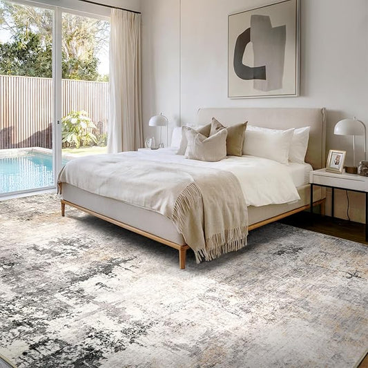 AUKOW 10x12 Area Rug for Living Room - Washable Abstract Rus Modern Neutral Soft Rug for Bedroom Dining Room No Slip Low Pile Carpet for Nursery Home Office - Charcoal Grey