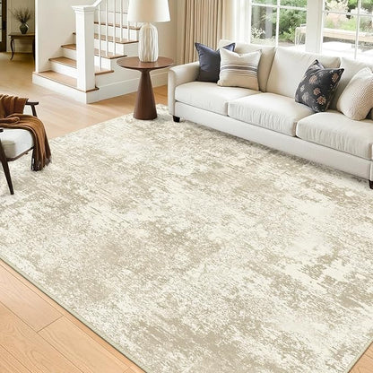 Washable Area Rugs 8'x10' Non-Slip Modern Abstract Soft for Living Room Entryway Bedroom Nursery, Print Pattern, Beige Cream Brown