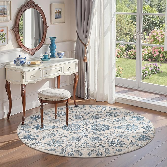 jinchan Classic Floral Round Rug 4ft, Vintage-Inspired Design 4’Circle Rug, Machine Washable Ultra-Thin Low-Pile Non-Slip Indoor Carpet for Bedroom Dining Room Living Room Entryway Dark Blue