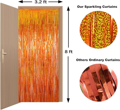 Upgraded Thicker Melsan Tinsel Fringe Curtain, 3 Pack 3.2 x 8.2 ft Orange Metallic Streamers with Extra Tape, for Thanksgiving Birthday Baby Shower Graduation Party Decor