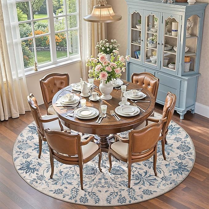 jinchan Classic Floral Round Rug 7ft, Vintage-Inspired Design 7’Circle Rug, Machine Washable Ultra-Thin Low-Pile Non-Slip Indoor Carpet for Bedroom Dining Room Living Room, Dark Blue