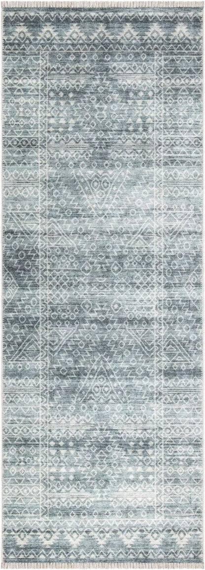 Bloom Rugs Caria Washable Non-Slip 7 ft Runner - Teal/Ivory Geometric Runner for Entryway, Hallway, Bathroom, and Kitchen - Exact Size: 2'6" x 7'