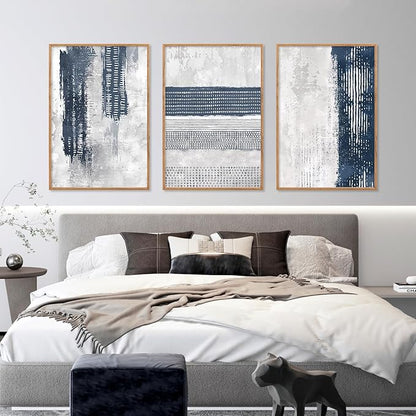 HLNIUC Navy Blue Abstract Framed Wall Art Set, Neutral Minimalist Canvas Wall Decor, Mid Century Modern Wall Painting, Grey Geometric Art Print for Living Room, Bedroom, Office - 16"x24"x3