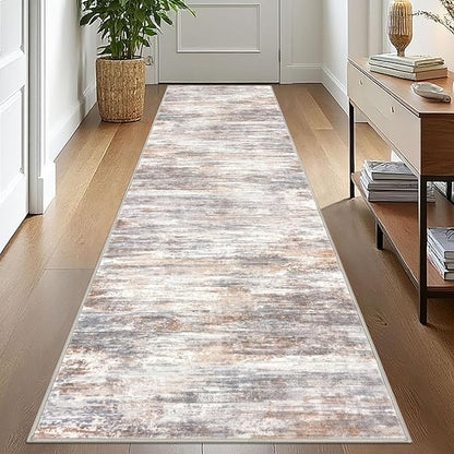 KOZYFLY Modern Abstract Washable Rug Runner 2.6x10 Hallway Rug Runner Non-Slip Soft Kitchen Runner Rugs, Multi Grey Striped Carpet for Entryway Bathroom Laundry Room Foyer