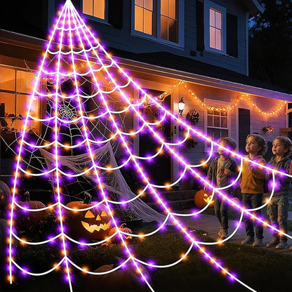 Halloween Spider Web Lights 250 LED Lighted Giant 16.4 Ft Halloween Decorations Light up with 8 Lighting Modes Outdoor Indoor Yard House Decor, Purple & Orange (250LED 16.4 FT Giant Spider Web)