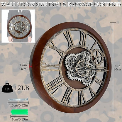 HOIBAI Large Wall Clock, 24 Inch Wall Clocks for Living Room Decor Farmhouse Vintage Rustic Kitchen Wall Decor Vintage Roman Big Oversized Wall Clock for Home Bedroom House Office, Moving Gears Clock