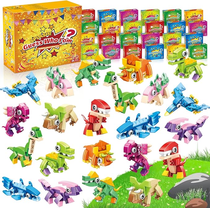 Dinosaur Party Favors for Kids - 24 Pack 72 Kinds of Animals Building Block Toy Goodie Bags Fillers Classroom Prizes Stuffers Gifts Building Set, Christmas Birthday Gift for Boys Girls Ages 6-12