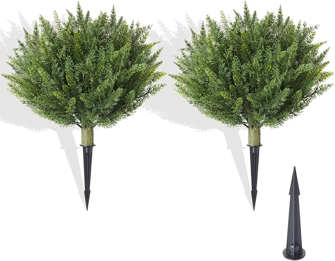 15.7" Fake Shrubs, Artificial Cedar Ball Tree Plant, 2 Packs of Fake Cedar Outdoor shrubs with Ground Spike, UV Resistant Fake shrubs, Used for Indoor and Outdoor Front Porch Gardens