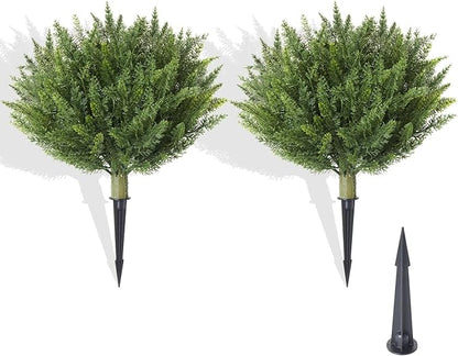 15.7" Fake Shrubs, Artificial Cedar Ball Tree Plant, 2 Packs of Fake Cedar Outdoor shrubs with Ground Spike, UV Resistant Fake shrubs, Used for Indoor and Outdoor Front Porch Gardens