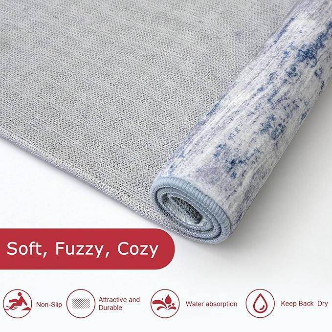 KOZYFLY Modern Abstract Hallway Runner Rug, 2.6x8 Washable Rug Runner Non-Slip Soft Striped Kitchen Runner Rugs, Print Grey Blue Carpet Runner for Entryway Bathroom Laundry Room Foyer