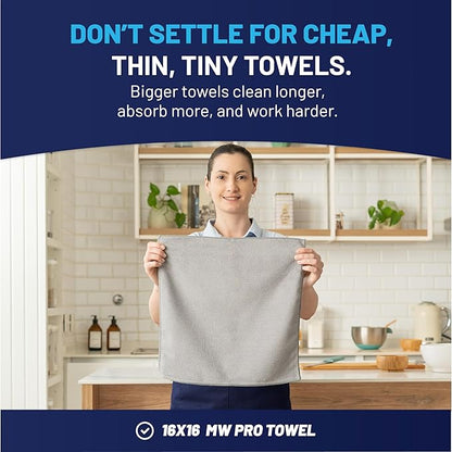 MW Pro Microfiber Cleaning Cloths (12 Pack) | Size 16" x 16"| All Purpose Microfiber Towels - Clean, Dust, Polish, Scrub, Absorbent (Gray)