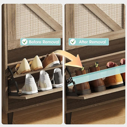 Vabches Shoe Storage Cabinet with 2 Flip Drawers,Freestanding Narrow Shoe Organizer with Open Storage,Hidden Slim Shoe Rack Cabinet for Entryway,Rustic Oak Rattan (2 Pack)