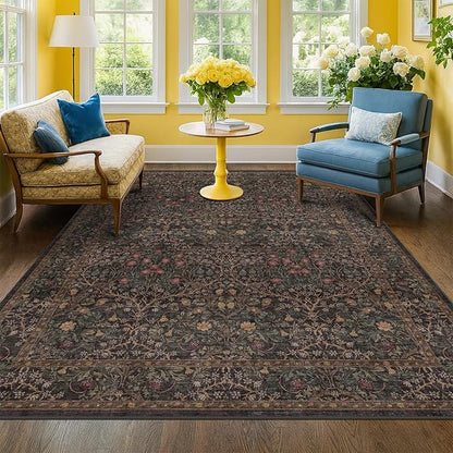 Taupe Brown 5x8 Rug for Living Room - Vintage Traditional Dark Neutral Floral, Washable Foldable Non-Slip Area Rugs for Dining Under Table, Home Office, Guest Room