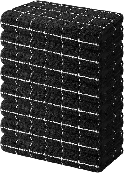Mordimy 100% Cotton Terry Cloth Kitchen Towels, Super Soft and Absorbent Dish Towels for Drying, Checkered Designed Hand Towels for Kitchen, 16 x 26 Inches, 8 Pack, Black