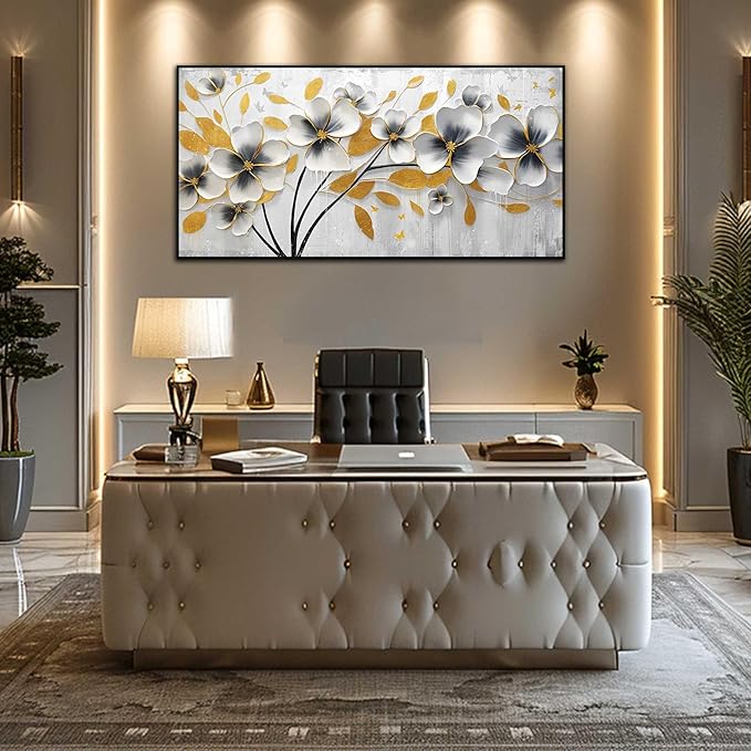 Large White and Yellow Flower Canvas Wall Art With Black Wood Frames for Living Room Bedroom Home Office Modern Grey Canvas Prints Framed Wall Art Size 30x60