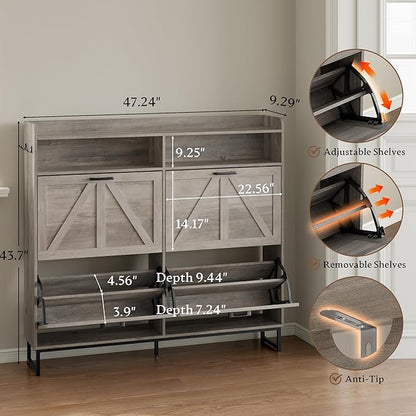 Shoe Cabinet with 4 Flip Drawers Narrow Shoe Storage Cabinet Organizer Wooden Freestanding Shoe Rack Hidden Slim Shoes Storage Cabinet for Entryway, Hallway, Living Room, Bedroom