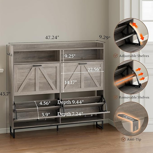 Shoe Cabinet with 4 Flip Drawers Narrow Shoe Storage Cabinet Organizer Wooden Freestanding Shoe Rack Hidden Slim Shoes Storage Cabinet for Entryway, Hallway, Living Room, Bedroom