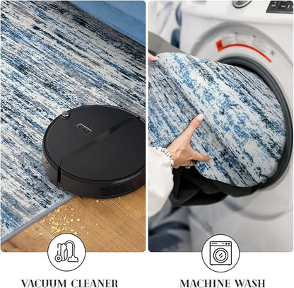 Modern Abstract Runner Rug 2.6x8, Grey Blue White Washable Kitchen Runner Non-Slip Soft Hallway Rug Runner Thin Print Faux Wool Carpet for Entryway Bedroom Laundry Room Indoor Home Decor