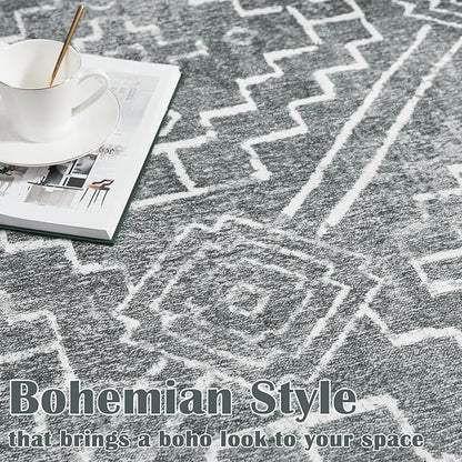 jinchan Moroccan Runner Rug 2x5 - Kitchen Machine Washable Runner Rug Modern Geometric Soft Low-Pile Lightweight Non-Slip Carpet for Entryway Hallway Laundry Room Bedroom Farmhouse (2x5ft, Dark Grey)