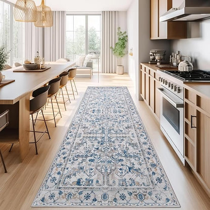 jinchan Kitchen Runner Rug 3x7 - Vintage Floral Machine Washable Non-Slip Hallway Runner Rug with Rubber Backing Ultra-Thin Carpet for Bedroom Laundry Room Farmhouse (3x7ft,Blue)