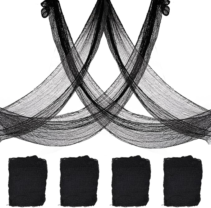4 Pack Halloween Creepy Cloth Decorations, 30X72 Inch Black Scary Halloween Gauze Cloths, Spooky Cloth for Haunted House, Outdoor Patio, Garden, Halloween Indoor Wall Windows Black Cheesecloth Decor