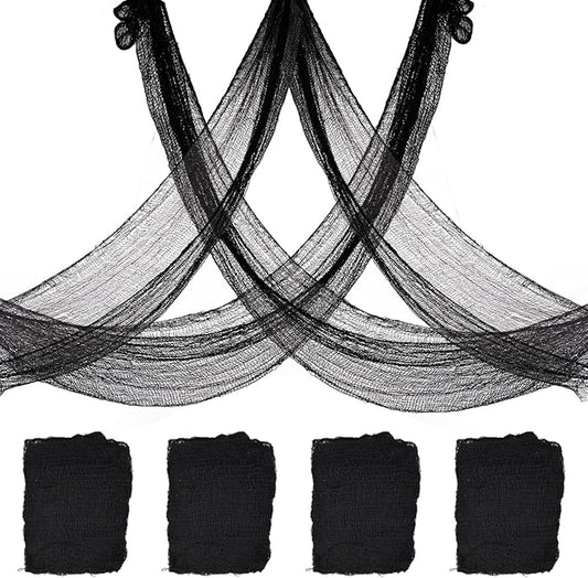 4 Pack Halloween Creepy Cloth Decorations, 30X72 Inch Black Scary Halloween Gauze Cloths, Spooky Cloth for Haunted House, Outdoor Patio, Garden, Halloween Indoor Wall Windows Black Cheesecloth Decor