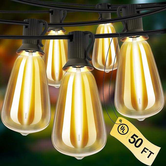 Outdoor String Lights 50 FT 26 Shatterproof LED Bulbs, UL Certified Patio Lights Outdoor Light Strings Waterproof for Patio Yard Outside Party Wedding, Connectable Dimmable 25 Sockets 2700K