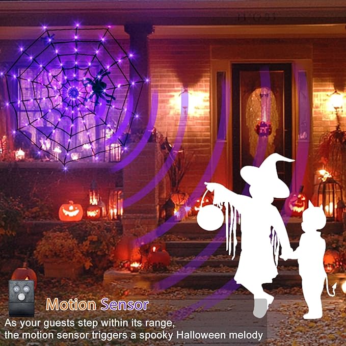 Vanthylit Halloween Decorations, Spider Web Lights Motion-Activated Sensor, 4FT 84LED Light Up Spider Web with Black Spider, Halloween Lights for Window Indoor Outdoor Horror Decor(Orange & Purple)