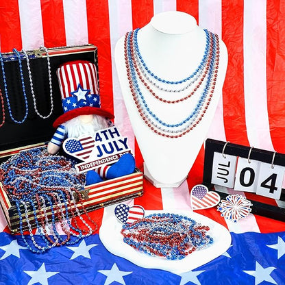 SHAOQINLIN 102 PCS Patriotic Bead Necklaces, 4th of July Oval Beads Necklaces Bulk 4th of July Accessories 30.5 Inch Metallic Red/Silver/Blue Beaded Necklace for Patriotic Day, Carnival Party Favor