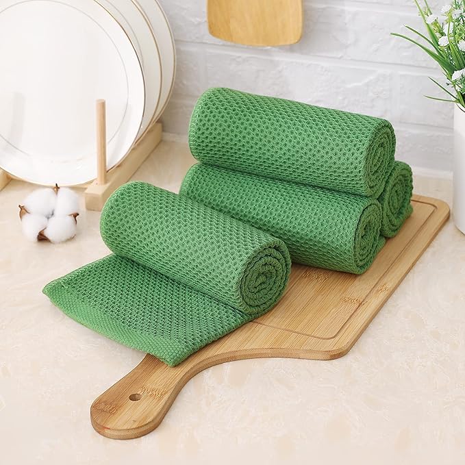 Kitinjoy 100% Cotton Waffle Weave Kitchen Towels, 6-Pack Super Soft and Absorbent Dish Towels for Drying Dishes, Kitchen Hand Towels, 13 in x 28 in, Grass Green