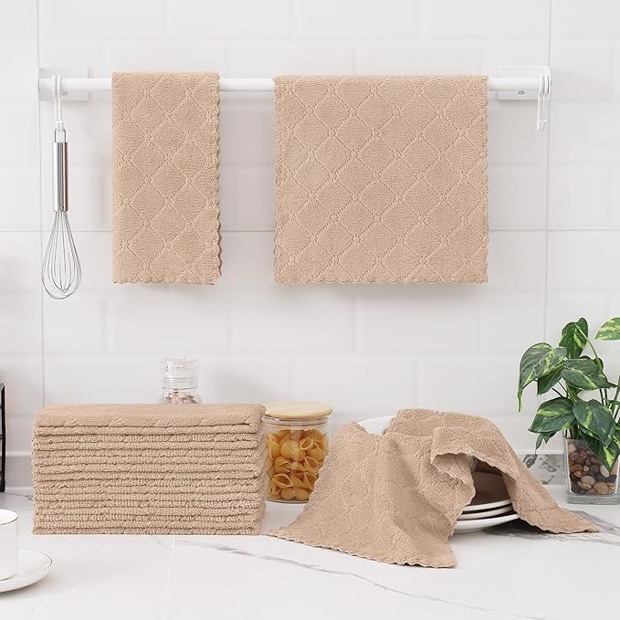 Homaxy 24 Pack Dish Towels for Kitchen (10 x 20 Inches, Tan), Super Soft and Absorbent Coral Velvet Dish Cloths for Washing Dishes, Nonstick Oil Fast Drying Microfiber Cleaning Cloth
