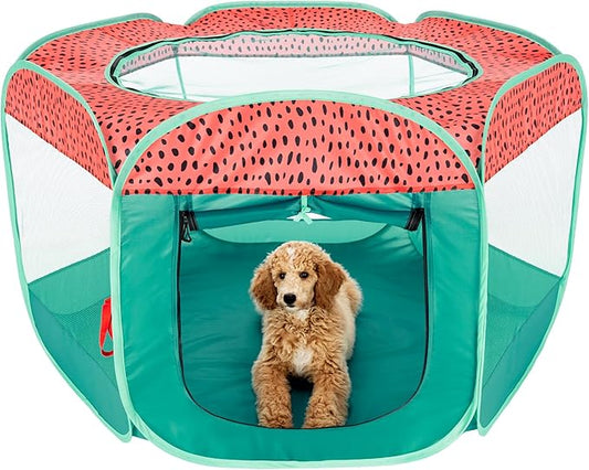Furhaven Portable Dog Playpen Cat Tent, Pet Playground,Kennel Foldable Indoor Outdoor Zippered Puppy Crate - Green & Pink, Extra Large