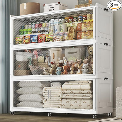 240 Gallon Extra Large Collapsible Storage Bin with Lid, 960QT Stackable Plastic Organizer with 6x Wheels, Foldable Drawer Cabinet for Closet, Living Room Office, Kitchen 3Pack, White