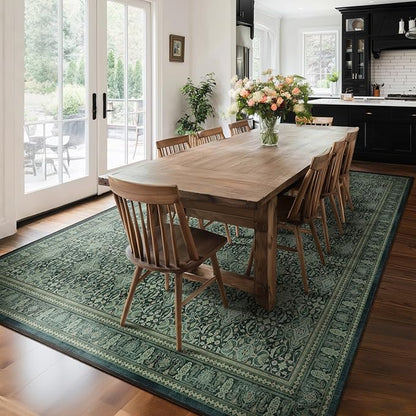 Jainmy Dark Green Vintage Living Room Rug 9x12, Boho Floral Moroccan Pattern Printed Large Area Rugs for Bedroom, Washable Non Slip Low Pile Thin Carpet Rug for Dining Room Under Table