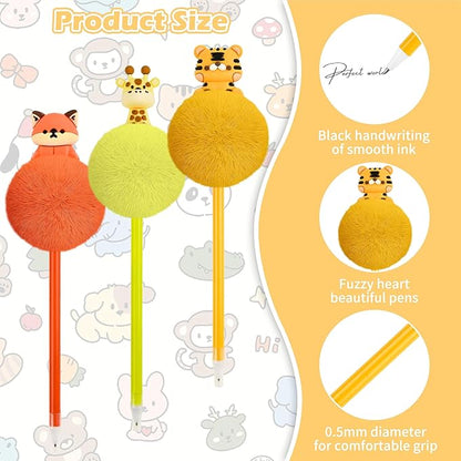 12 Pcs Pom Pom Pens with 3D Animals Fluffy Pen Cute Fun Kawaii Pens for Girl Colorful 3D Animals Shape Pompom Pen for Classroom Prizes Office Supplies