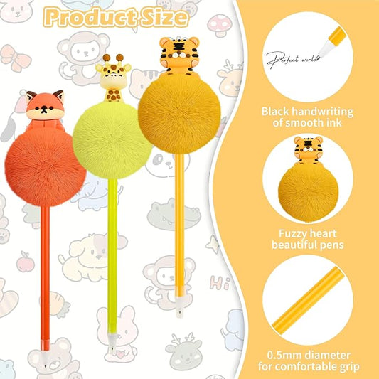 12 Pcs Pom Pom Pens with 3D Animals Fluffy Pen Cute Fun Kawaii Pens for Girl Colorful 3D Animals Shape Pompom Pen for Classroom Prizes Office Supplies