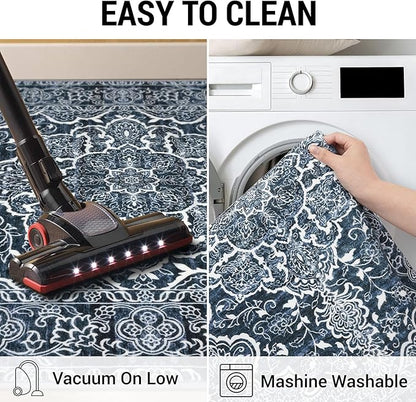 KUTA Vintage Washable Runner Rug, 2x5 Runners Non-Slip Navy Blue 5ft Hallway Kitchen Rugs Ultra Soft Printed Distressed Tribal Farmhouse Carpet for Bedroom Entryway Decor