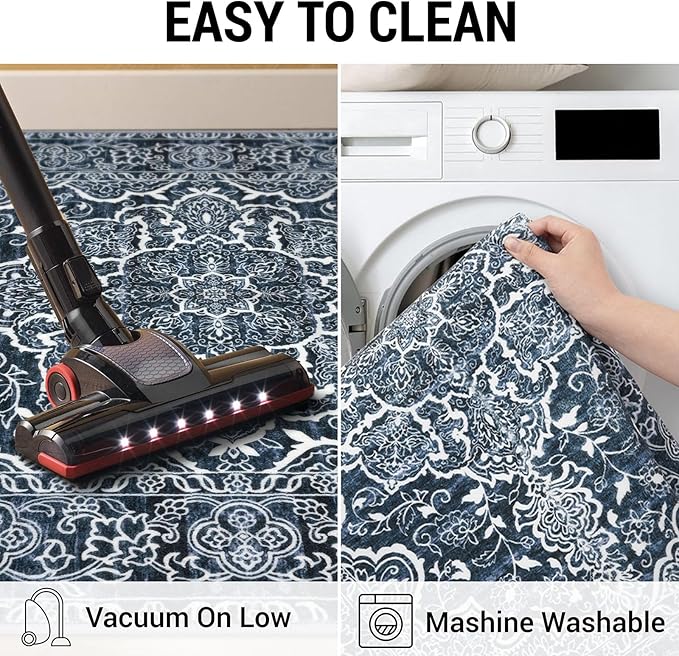 KUTA Vintage Washable Runner Rug, 2x6 Navy Blue Runners for Hallways Non-Slip Kitchen Rugs Ultra Soft Printed Distressed Floral Carpet for Laundry Bedroom Living Room Nursery