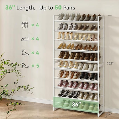 Shoe Rack,10 Tier Metal Shoe Organizer,Max Holds 50 Pairs,Heavy Duty Shoes Shelf for Garage, Entryway, Closet,White