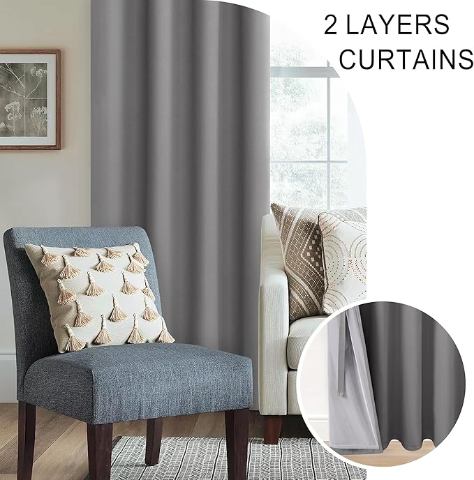 XWZO Total Blackout Curtains 54 Inches Long - Double Layer Full Room Darkening & Energy Efficiency Grommet Window Panels with Tiebacks, Grey, W42 x L54, Set of 2