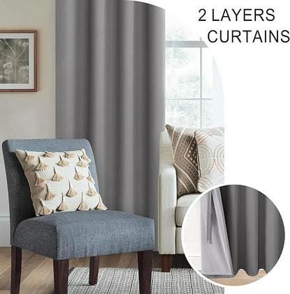 XWZO 100% Blackout Curtain Panels - Thermal Insulated Black Liner Curtains, Noise Reducing and Heat Blocking Drapes for Hall and Studio Windows with Tiebacks, Grey, W52 x L95, Set of 2