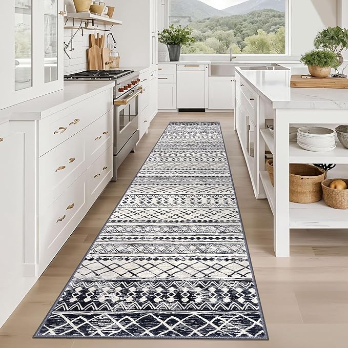 KUTA Boho Runners for Hallways 2.6x12 ft Moroccan Washable Runner Rug Non-Slip Vintage Black Navy Blue Kitchen Rugs Ultra Soft Geometric Floor Carpet for Bedroom Laundry Living Room