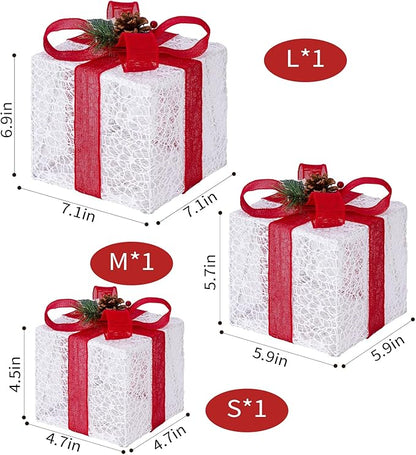 Christmas Lighted Gift Boxes with Lace Cloth, Pre-lit Lights Gift Boxes Set of 3, Light up Present Boxes Set Battery Operated with Different Sizes for Holiday Indoor Outdoor Decorations