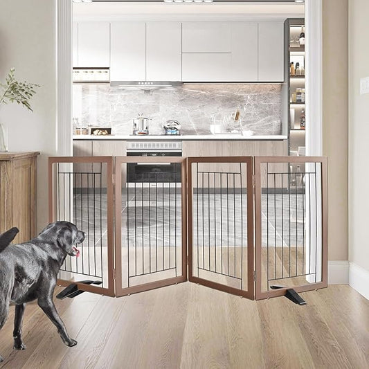 ZJSF Freestanding Dog Gate Indoor, Foldable Dog Fence for Doorways,Hallways or Stairs, Sturdy Wood Extra Wide Pet Gate with Support Feet,Brown,32 "Height-4 Panels