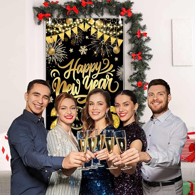 Black Gold Happy New Year 2026 Door Cover, Large 2026 NYE Front Door Banner New Year Eve Party Backdrop Decoration for Indoor Outdoor Festive NYE Hanging Sign