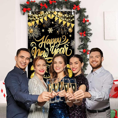 Black Gold Happy New Year 2026 Door Cover, Large 2026 NYE Front Door Banner New Year Eve Party Backdrop Decoration for Indoor Outdoor Festive NYE Hanging Sign