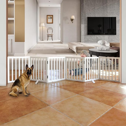 Foldable Indoor Dog Gate for The House Freestanding Stairs Nature Wooden White Pet Gate for Doorway Puppy Gate for Dogs Expandable Dog Fence for Stairs or Hallways 24"" Height 6 Panels